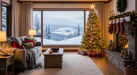 Festive living room with christmas tree, fireplace, and snowy mountain view from the large window