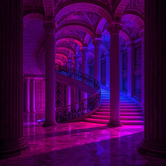 Image description of a grand staircase featuring columns and arches, illuminated by pink and blue neon lights.