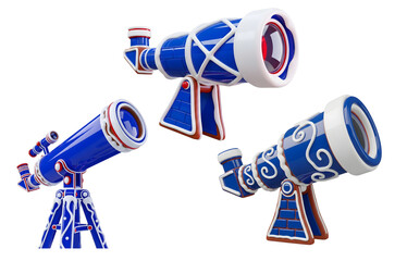 Colorful telescopes in playful design with blue and white accents  isolated on transparent background	
