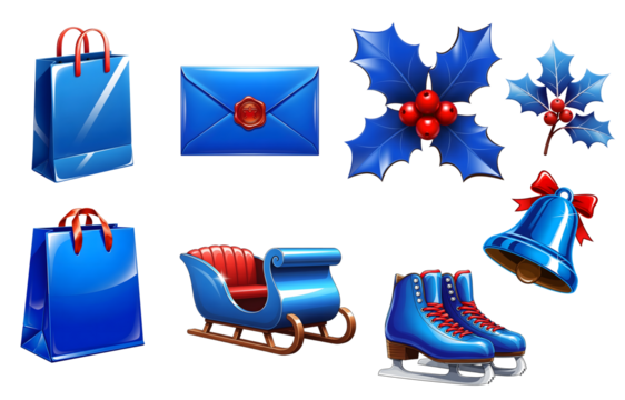 Blue New Year illustrations with holiday goods, sleighs and ice skates on a transparent background
