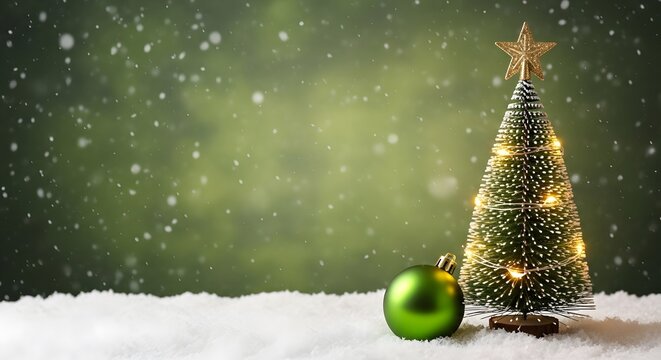 Festive christmas tree with green ornament in snowfall background for the holidays