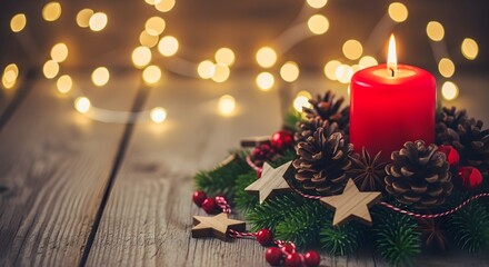 Festive christmas candle with evergreen wreath and bokeh lights on wooden surface