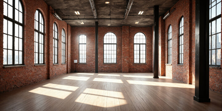 Empty Industrial Loft Interior Brick Walls An expansive, empty industrial loft space features exposed red brick walls, large multi-paned windows