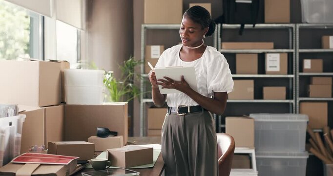 Writing, woman and logistics with clipboard, startup and entrepreneur with delivery schedule or plan. Small business, notes and black person with checklist for distribution, boxes and inventory