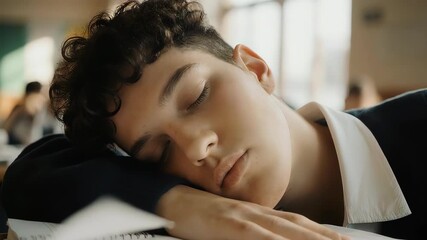 A young student asleep on the desk in the classroom - Powered by Adobe