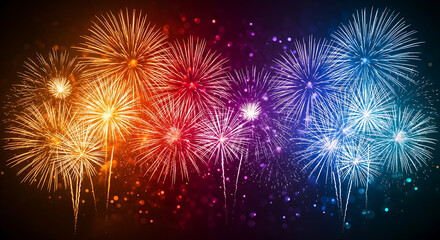 Vibrant bursting fireworks display illuminating the night sky in a spectrum of colors