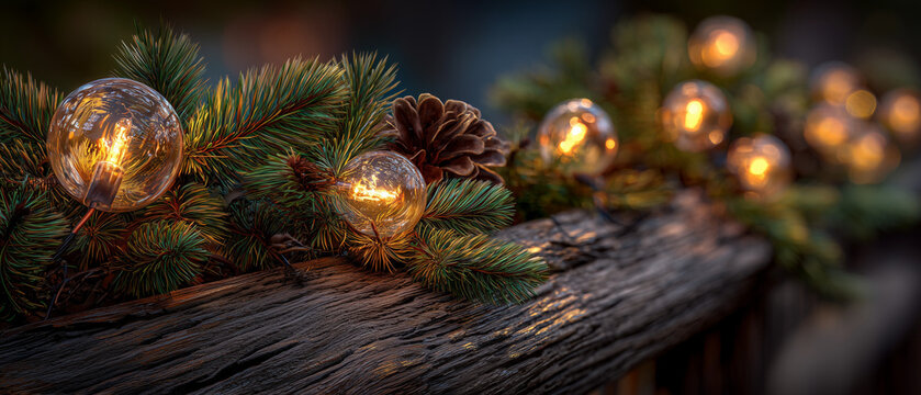 String lights with pine branches and pine cones on wooden railing