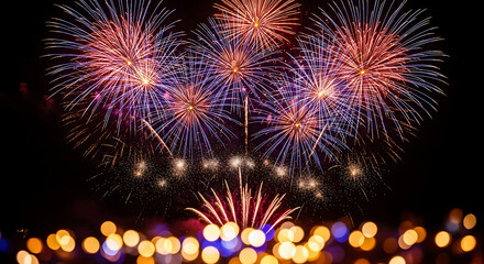 Spectacular heart shaped fireworks display illuminating the night sky above a blurred crowd