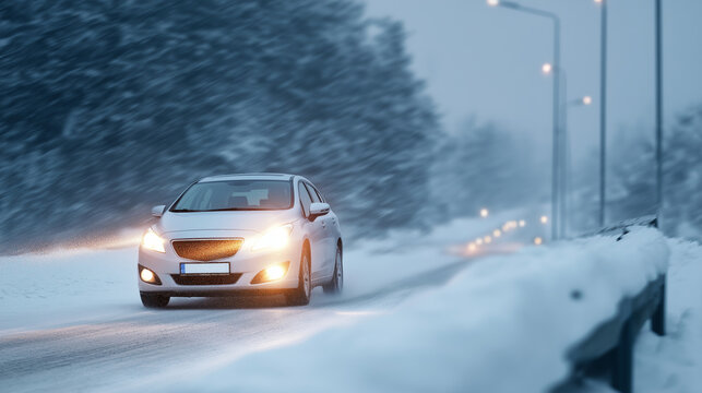 Faceless vehicle moving through snowstorm with vision constraints defocused white road background limited sight distance blizzard navigation challenge reduced visibility