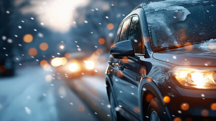 Automobile in motion during winter tempest faceless vehicle movement defocused with blur effect snowy conditions background cold weather driving visualization seasonal