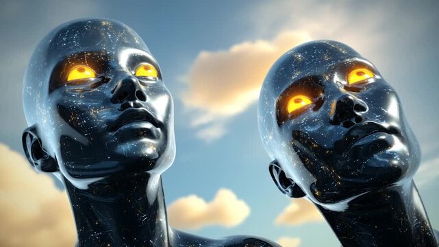 Two heads gaze toward the sky then slowly turn to look at each other, concept of hope, connection, and human emotion