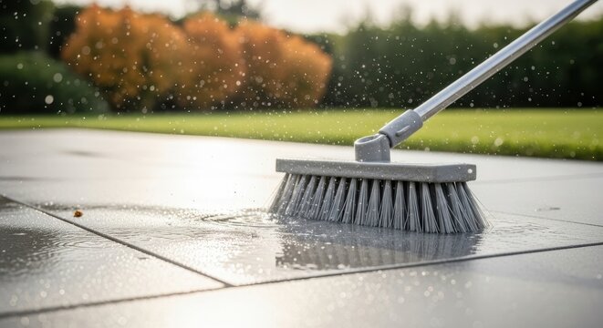 Cleaning patio paving with brush and water, outdoor cleaning service