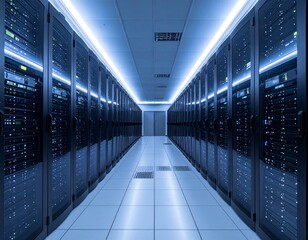 A high-tech data center filled with towering server racks, glowing LED indicators, and cool blue lighting, creating a futuristic atmosphere of digital power, precision, and nonstop information flow.!!