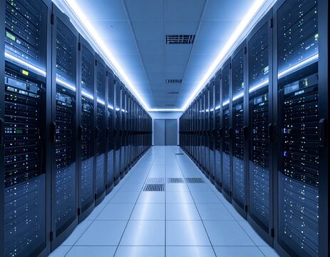 A high-tech data center filled with towering server racks, glowing LED indicators, and cool blue lighting, creating a futuristic atmosphere of digital power, precision, and nonstop information flow.!!