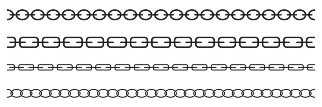 Set seamless chain link. Different chains silhouette black and white isolated on background. Chainlet line design elements. Dangling chain links set design. Vector set of black lines of chain.