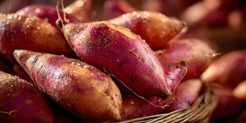 Fresh sweet potatoes arranged in rustic basket outdoors.

Pile of freshly picked organic sweet potatoes at market