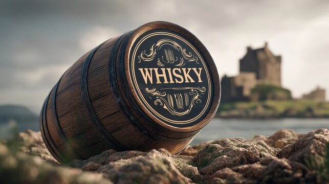 Whisky barrel is resting on the shore of an island 
