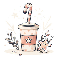 Takeaway cup with candy cane and starfish in soft pastel colors  