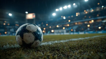Soccer passion captured in rainy weather.

Ball on field symbol of competition and teamwork