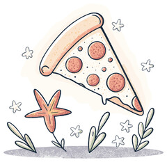 Pizza slice floating among flowers and plants with concept of Holiday Takeaways  