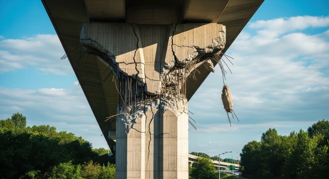 Damaged and cracked concrete support pillar of an overpass bridge