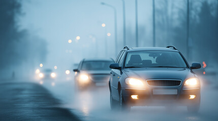 Fototapeta premium Vehicles in thick atmospheric haze fog faceless hazardous scene defocused foggy background automobile circulation danger limited visibility traffic dangerous driving condition