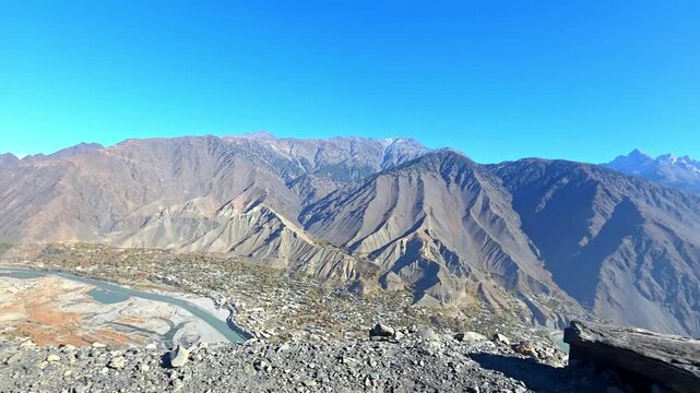 Chitral City View from Hilltop Northern Pakistan Mountain Valley Landscape 4k footage 