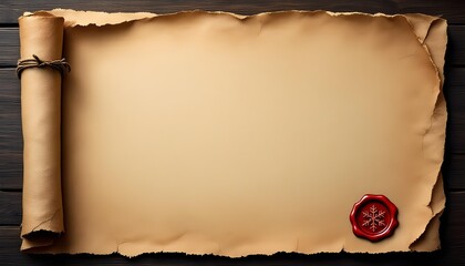 An aged parchment sheet with empty copy space and a red snowflake seal offers a classic winter background ideal for holiday greeting text