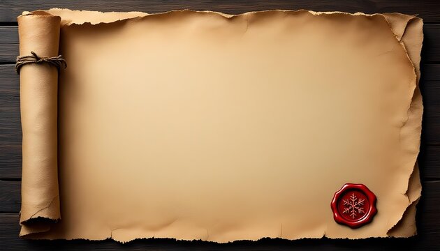 An aged parchment sheet with empty copy space and a red snowflake seal offers a classic winter background ideal for holiday greeting text - Powered by Adobe