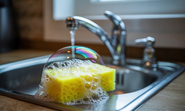 Yellow sponge submerged in soapy water, a bubble forms above it in a kitchen sink.  Running water from a chrome faucet - Powered by Adobe