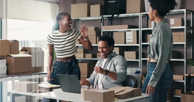 Logistics, team or high five with laptop in small business for sales profit, shipping goals or success. Supply chain, happy people and tech with clapping for startup growth and freight cost reduction
