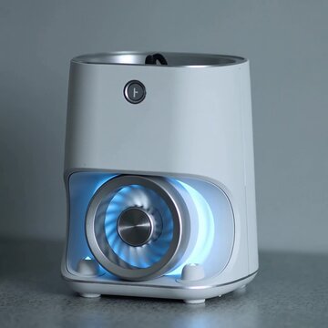 Compact air purifier with blue LED light on gray background  