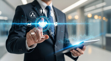 Corporate executive interacting with advanced digital dashboard featuring handshake icon, data analytics visuals, and futuristic technology elements for enhanced business collaboration.