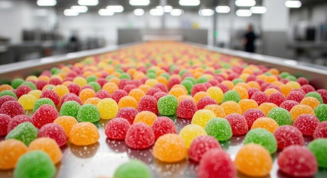 Colorful gummy candies on a conveyor belt in a food factory
