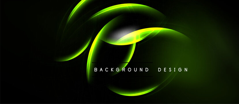 Abstract green lines form dynamic curves. Dark background emphasizes glowing shapes, creating modern design element. Text reads background design.