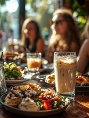 Plates of food and drinks are on a wooden table, with people seated in the background. AI.