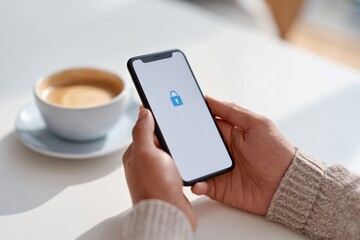Close up of hands holding smartphone displaying password manager app with lock icon, coffee cup in background, illustrating secure digital management and modern technology