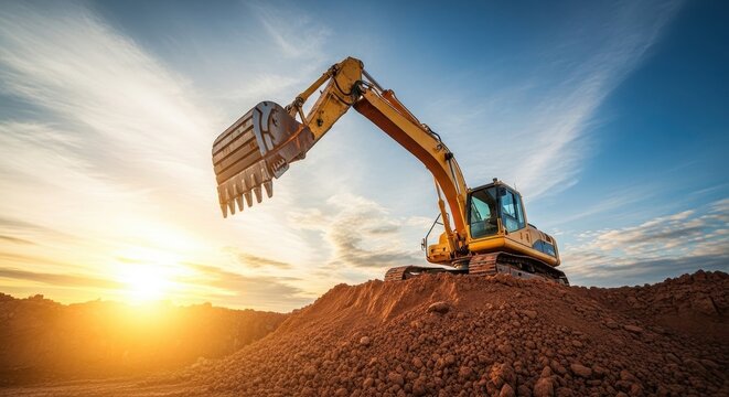 Excavator on a construction site at sunset, heavy equipment and industry