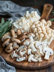 Fototapeta premium Various types of mushrooms are arranged on a wooden cutting board with sage leaves. AI.