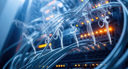 Close up of server room with cables and lights in data center