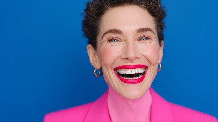 Mature woman with joyful expression, wearing vibrant pink attire, showcases radiant smile against a bright blue background, embodying happiness and confidence in a close-up portrait