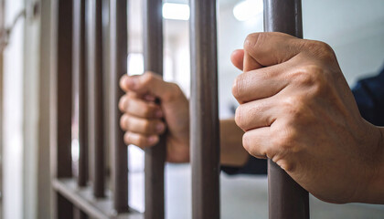 close up de las manos de un reo o condenado en prision agarrado a los barrotes de una carcel, concepto de violacion de la ley y condena por delitos