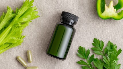 Flat lay of a blank bottle with a forest green label surrounded by fresh celery, green bell pepper, and herbal capsules on a textured fabric background