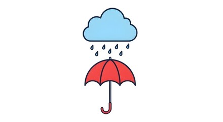 Red umbrella protecting from rain falling from cartoon clouds illustration