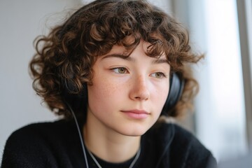 Teen girl with curly hair wearing noise-canceling headphones, immersed in a quiet moment, reflecting on thoughts and emotions in a serene indoor environment