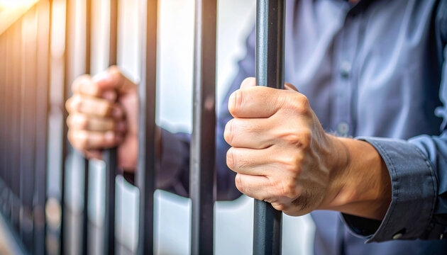 close up de las manos de un reo o condenado en prision agarrado a los barrotes de una carcel, concepto de violacion de la ley y condena por delitos
