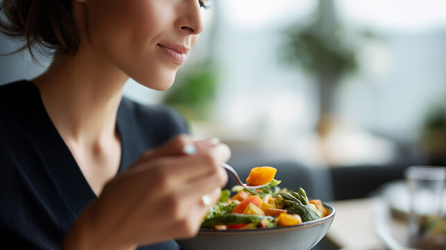 Mindful eating concept with vegetable meal faceless individual soft defocused dining background portion control visualization dietary program adherence healthy consumption