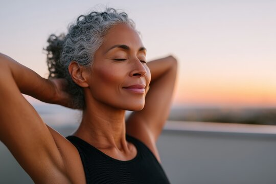 Mature woman practicing gentle yoga on a balcony at sunset, enjoying tranquility and relaxation, with soft light illuminating her serene expression and peaceful surroundings