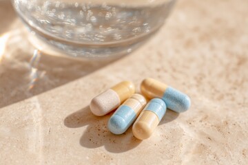 Close up of light blue, white, and beige capsules resting on a textured surface, with a glass of water in the background, showcasing health and wellness concepts