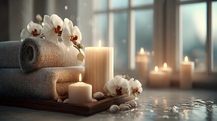 Spa composition with burning candles and white orchids on towels.

Relaxing spa scene with soft towels, candles, and orchid flowers